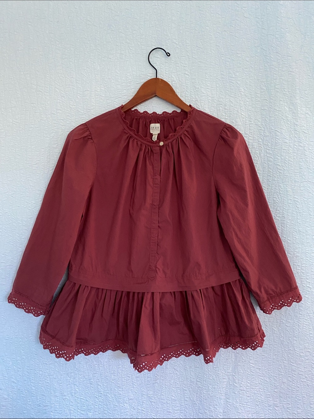 Rebecca Taylor La Vie Burgundy Peplum Ruffle-Hem Cotton Skirted Top Cottagecore